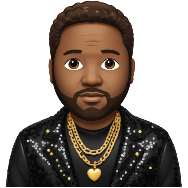 Gerald Levert with dark brown hair, black sequin jacket, black shirt with necklace emoji