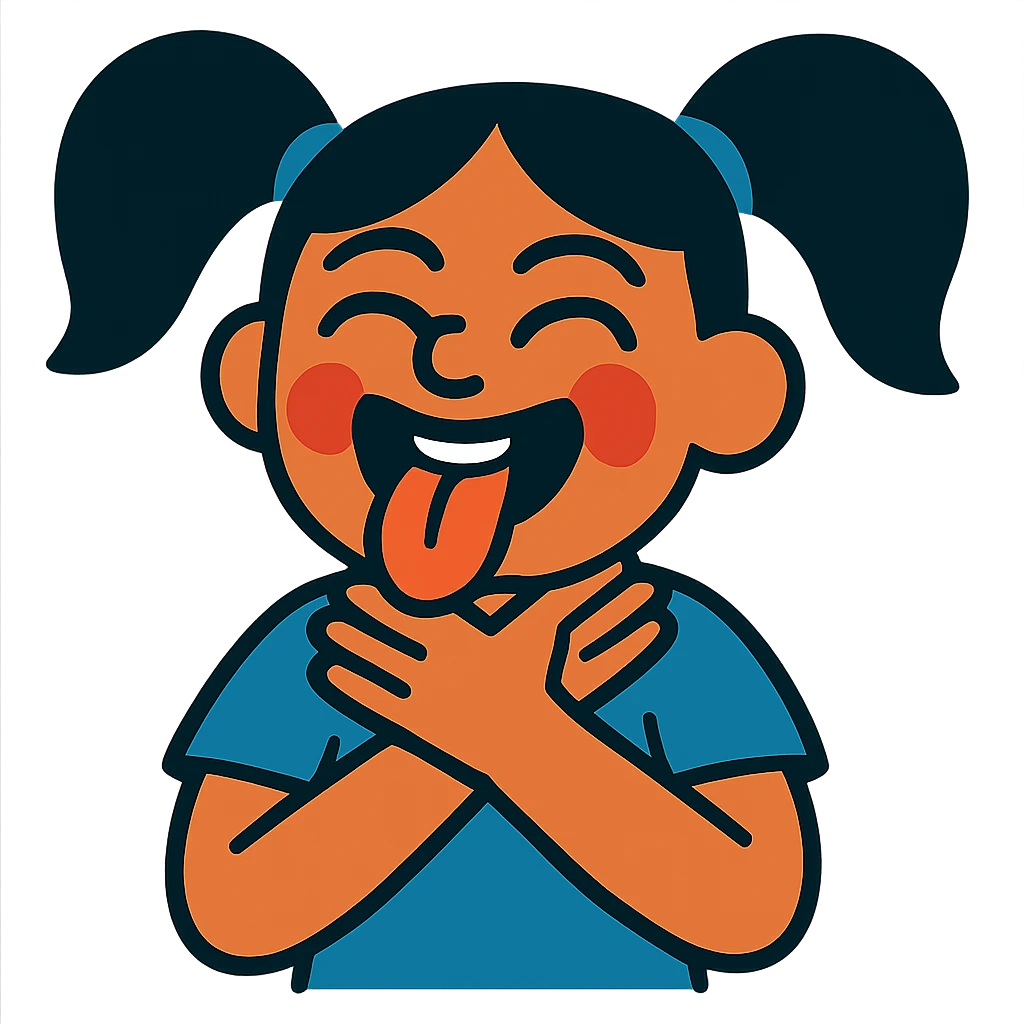 girl with her hands wrapped around her own neck, laughing, tongue out emoji