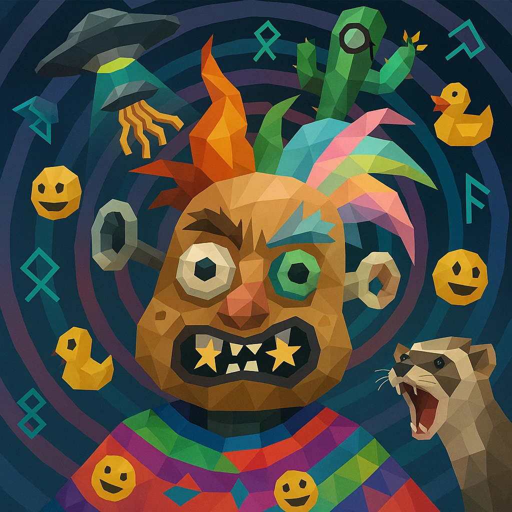 chaotic character with lumpy stretched potato face, mismatched eyes, glitching mouth, star teeth, big nostril, wild eyebrows, satellite dish and sock puppet ears, half fire half pastel rainbow hair with cactus wearing monocle, UFO dropping spaghetti, robotic body in neon poncho with floating emojis, vortex background with rubber ducks, runes, screaming ferret emoji