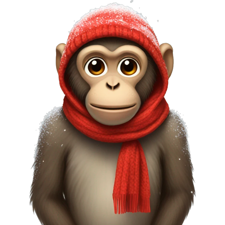 monkey wearing a red scarf while snowing emoji