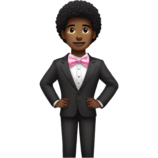 A black twink with an black afro mullet in a suit, intricate face, a pink bow tie emoji