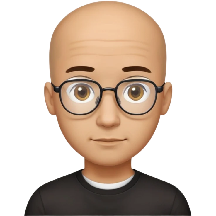 Latino man with small oval face and big forehead, aviator-style glasses, completely bald/shaved sides with very short curly dark hair only on top of head, neutral-friendly expression, light brown skin, wearing a black t-shirt emoji