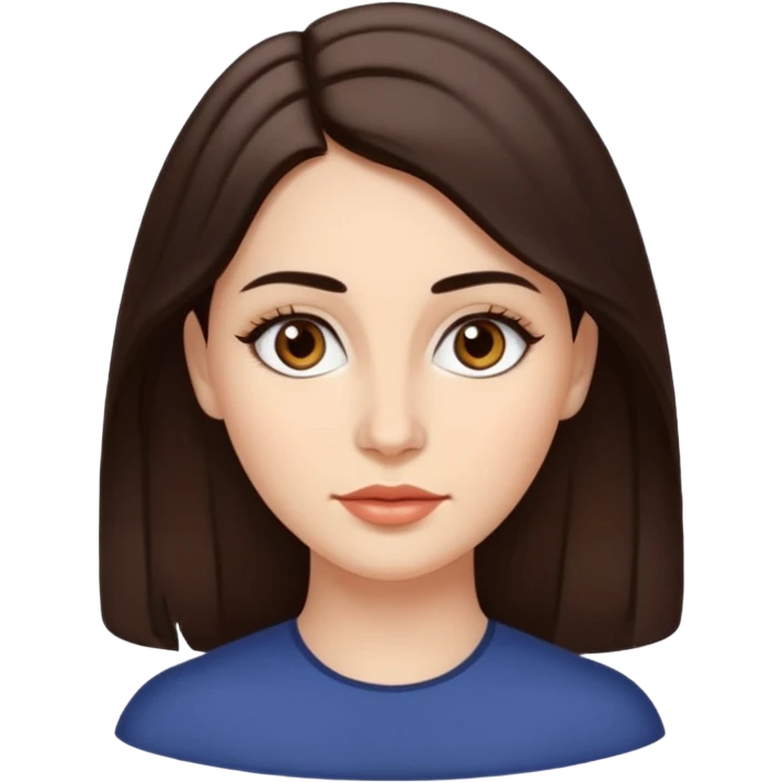 A woman emoji with fair skin, slightly wavy dark brown hair parted in the middle, an oval-shaped face, arched dark eyebrows, almond-shaped brown eyes, a small straight nose, and full lips. emoji