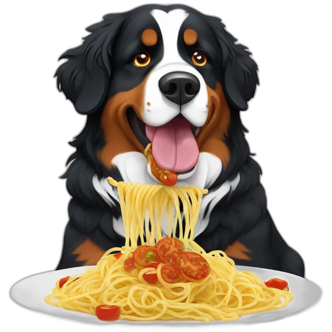 Bernese mountain dog eating spaghettis and salsa emoji