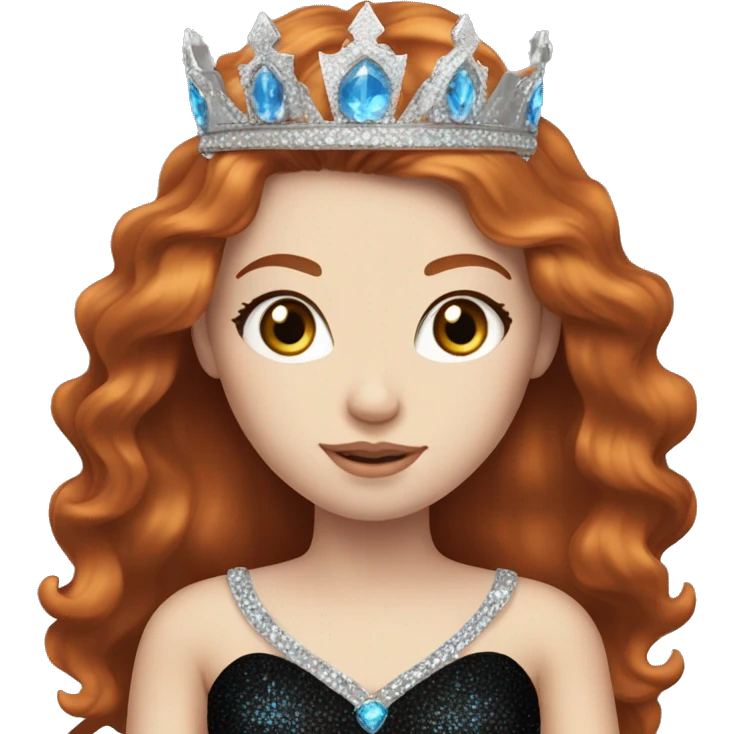 Beautiful girl with redhair, pale skin and bright blue eyes. She wears a sparkly black dress and a silver crown  emoji