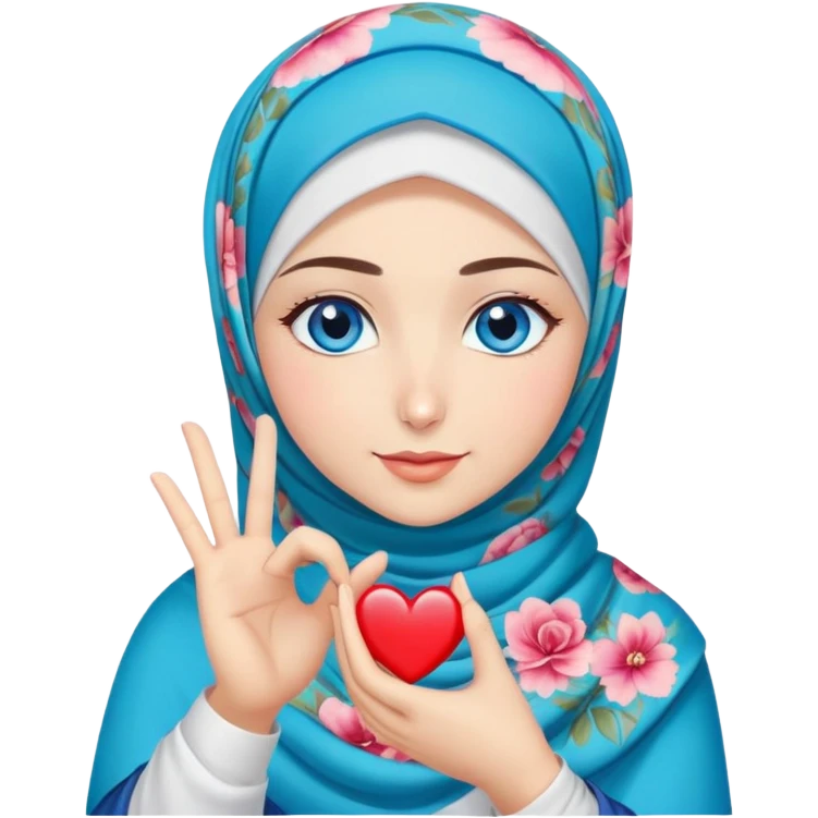 Turkish beautiful finish Konya two girls blue eyes with floral hijab and making love heart with hand gesture emoji