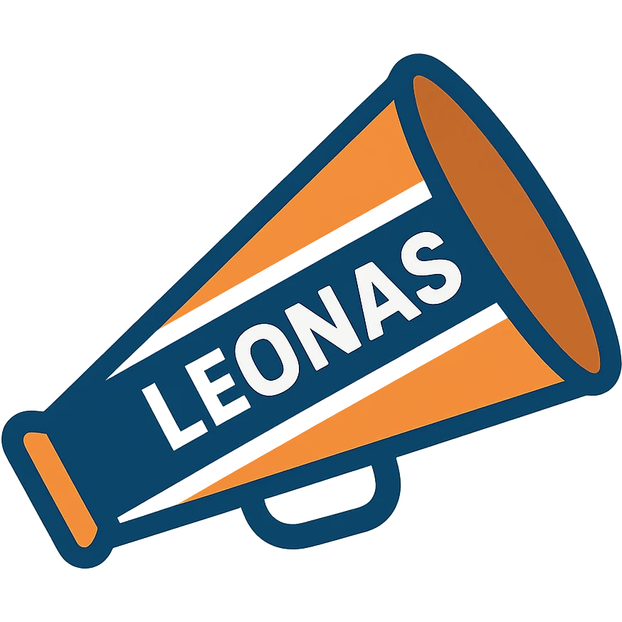 cheerleading megaphone in orange, blue and white colors, with the word 'Leonas', modern and clean style emoji