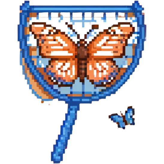 An insect-catching net with a blue handle and a butterfly inside the net emoji