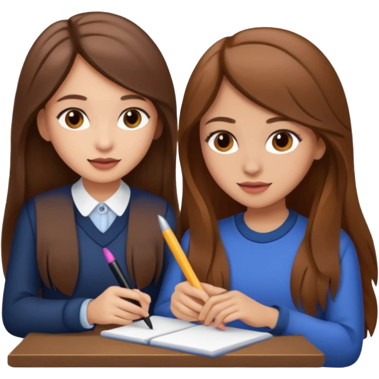 TWO BROWN HAIRED GIRLS DOING PROJECT IN  COMPANY, PROFESSIONAL AND CUTE , LONG HAIR MAKEUP emoji