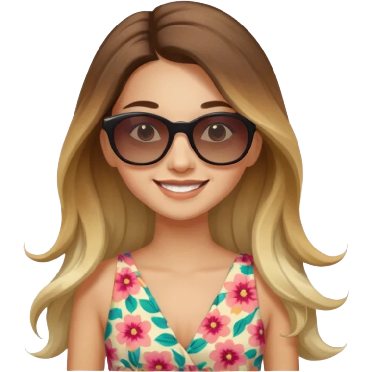 young fashionable woman, long ombre hair, wearing a floral dress and sunglasses, smiling emoji