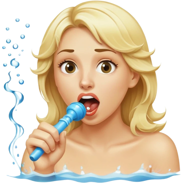 blond woman biting a wide skin-tone stick with a round knob, water jet shooting from the knob into her mouth, surprised look emoji