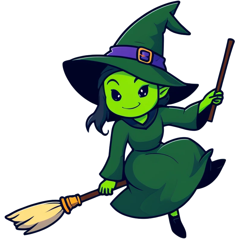Elphaba, green-skinned witch with black hat and long black dress riding a broomstick emoji