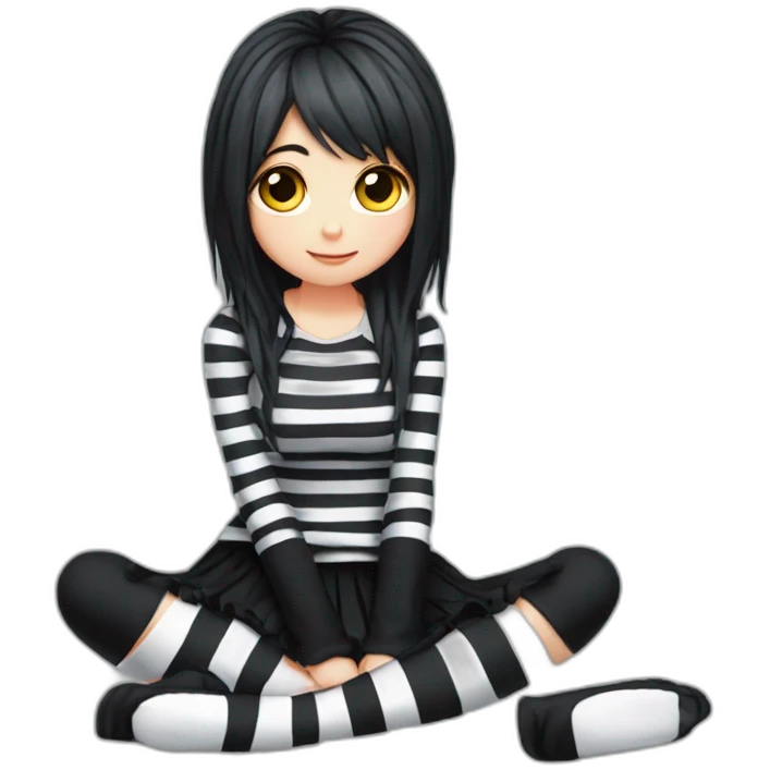 Full body Front view curvy emo girl sits on the floor straight view hands up black skirt striped stockings emoji
