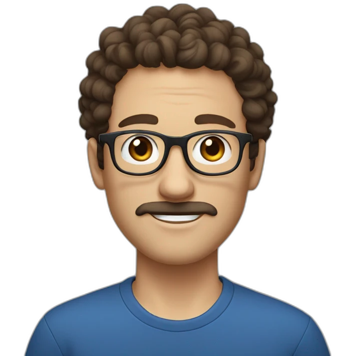 white man with short curly dark brown hair, blue small eyes, round eyeglasses and a brown mustache emoji