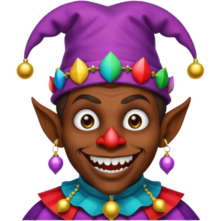 Dark brown skin medieval jester with white pupils and fangs emoji