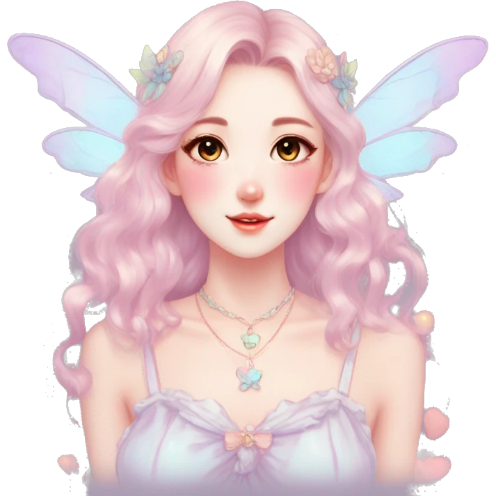 Gorgeous pastel anime style lady with blushing face and fairy wings necklace cottagecore fairycore pastelcore colorful pearly romantic simplistic aesthetic trending style emoji