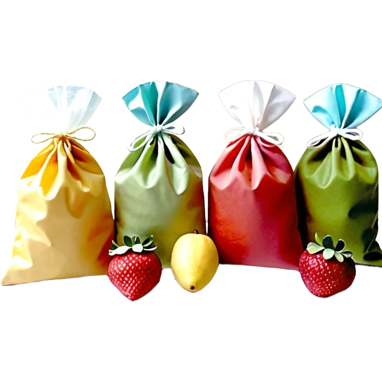 Ein weicher, bunter Standbeutel für Kinder, gefüllt mit püriertem Obstmus. Oben hat er einen kleinen wiederverschließbaren Schraubverschluss, aus dem Kinder direkt trinken oder saugen. Verpackung wie Babynahrung-Beutel aus dem Supermarkt, mit fröhlichem Obst-Design (Apfel, Banane, Erdbeere). emoji