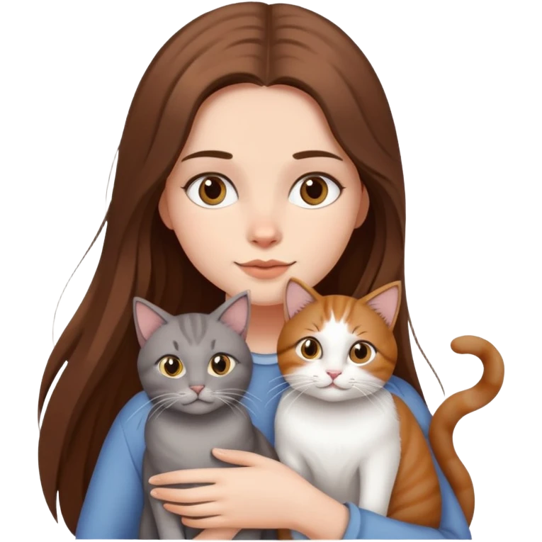 a girl with long brown hair with 2 cats, 1 gray and 1 white emoji