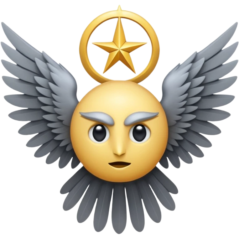 A non-humanoid emoji in iOS style, shaped like a symmetrical star of six gray feathered wings, no human face, no head, no mouth or nose, only a single large eye in the center, surreal and celestial, resembling a biblical seraphim emoji