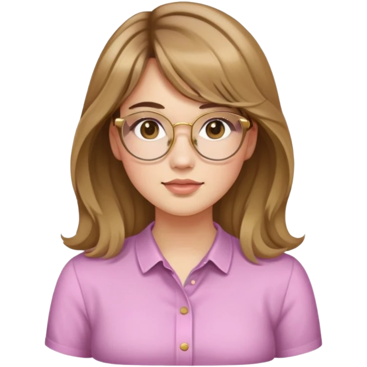 young adult woman with light skin, round face, prominent cheeks, medium plump body, long light brown hair with golden highlights, voluminous and wavy, long bangs over eyebrows, large octagonal glasses with thin golden or light pink frame, casual dark shirt emoji