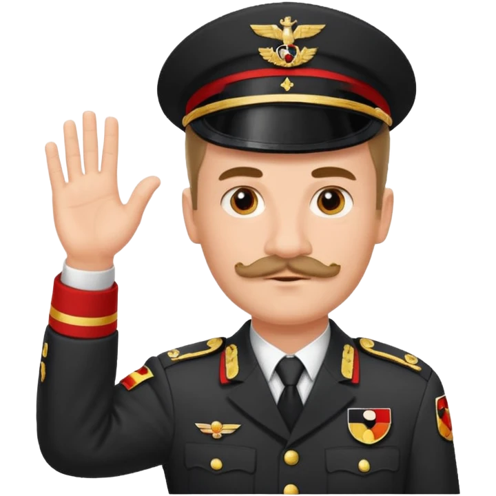An image about an german with a small square like mustage with flat hair raising his hand in an german uniform with a red band attached to his arm emoji