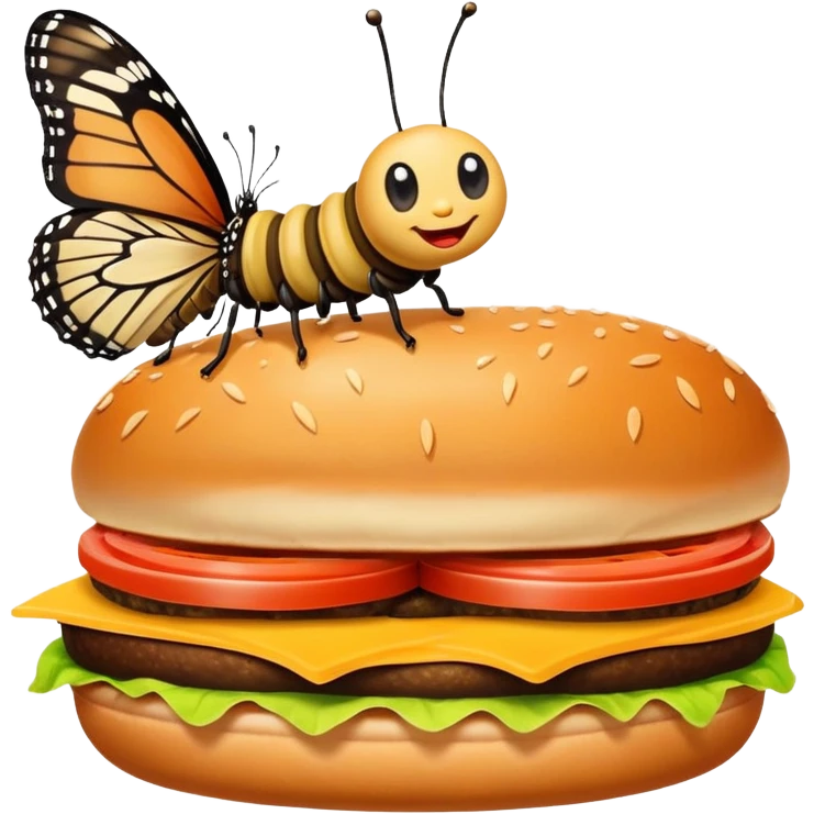 A caterpillar on top of a butterfly eating a burger emoji