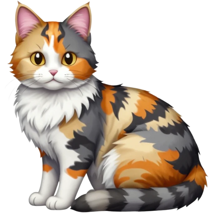 full body colourful light patched calico + white tabby cat cuddling a big dark grey and white tabby cat  emoji