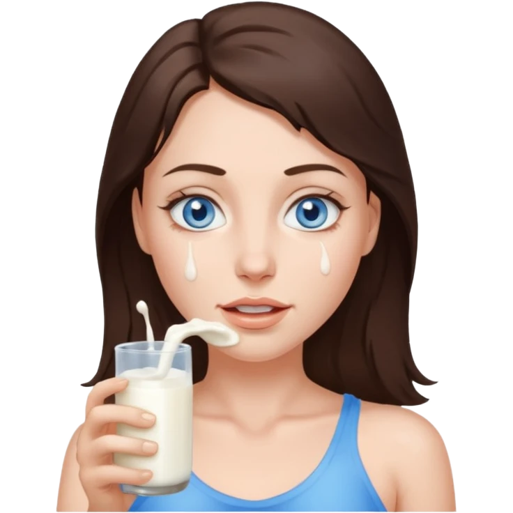 Brunette woman with blue eyes, with big naked tits with nipples, with dripping milk on her face emoji