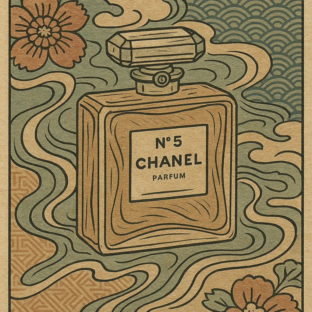 Chanel perfume bottle in ukiyo-e Japanese art style, traditional brushwork, elegant composition emoji