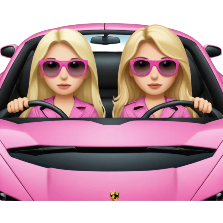 Add sunglasses Make car far away so I can see full car Car facing forward in sports car. Make hair long  two girls in car far away Front of car sitting in the seats. Make it a pink sports car. They are two baddies make it a Lamborghini pink car  emoji