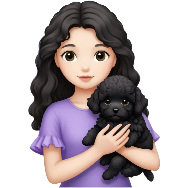 A long-haired girl holds a black maltipoo puppy in the lavender flowers emoji