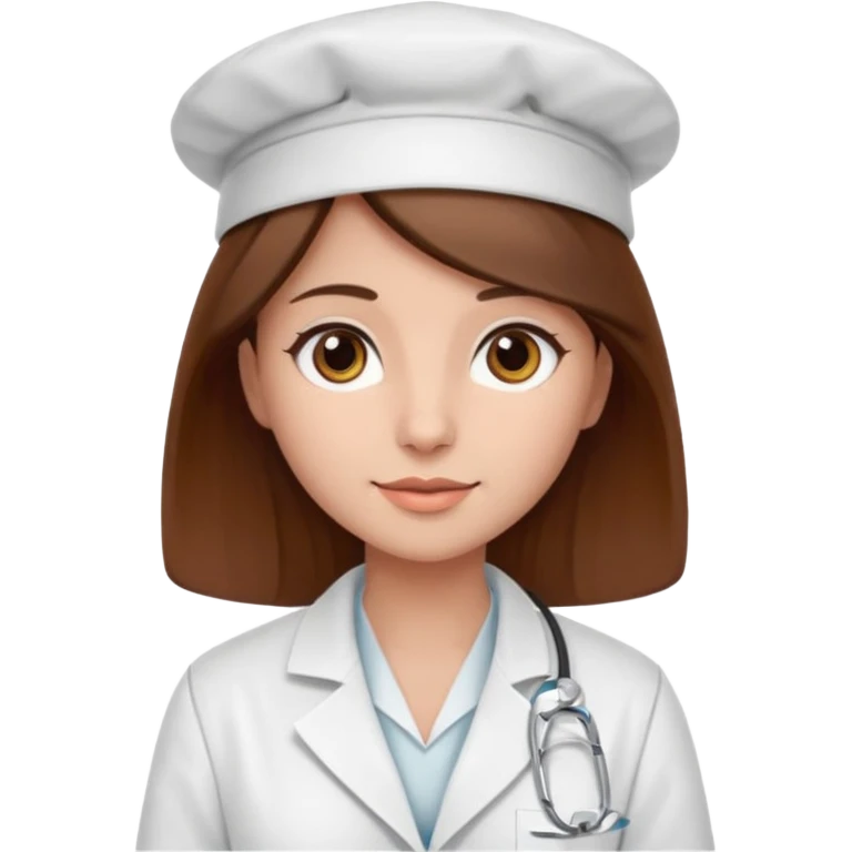 Make a pharmacy girl pretty with brown hat and eyes wearing labcoat emoji