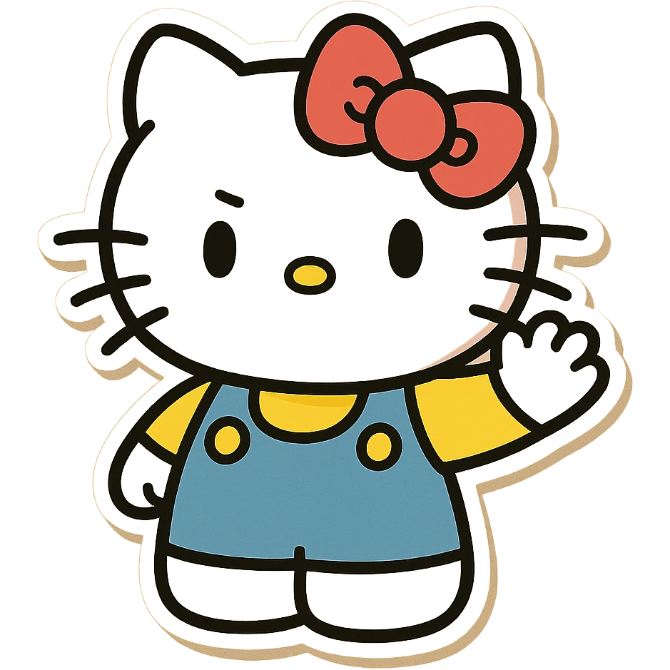 Hello KITTY as a sticker, cartoon style, waving, with a bow, bright colors emoji