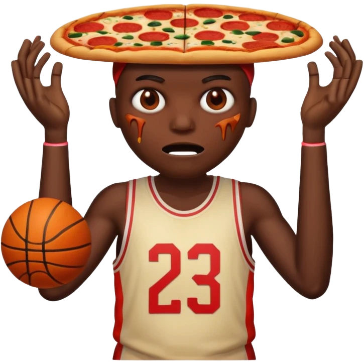 a glitch abomination with hands for a head, a baskeball stomach, pizza eyes emoji