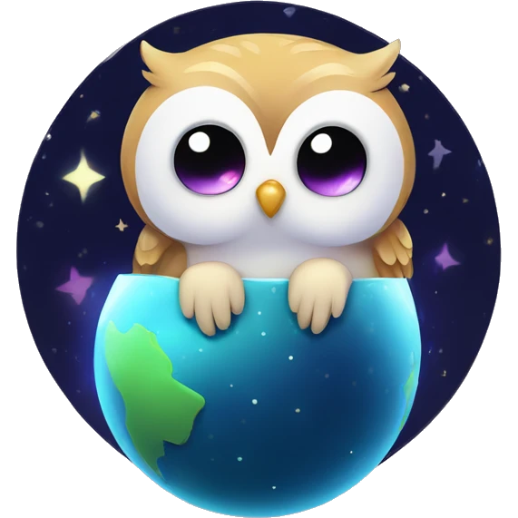 Kawaii colorful baby owl in a moonlit globe emoji