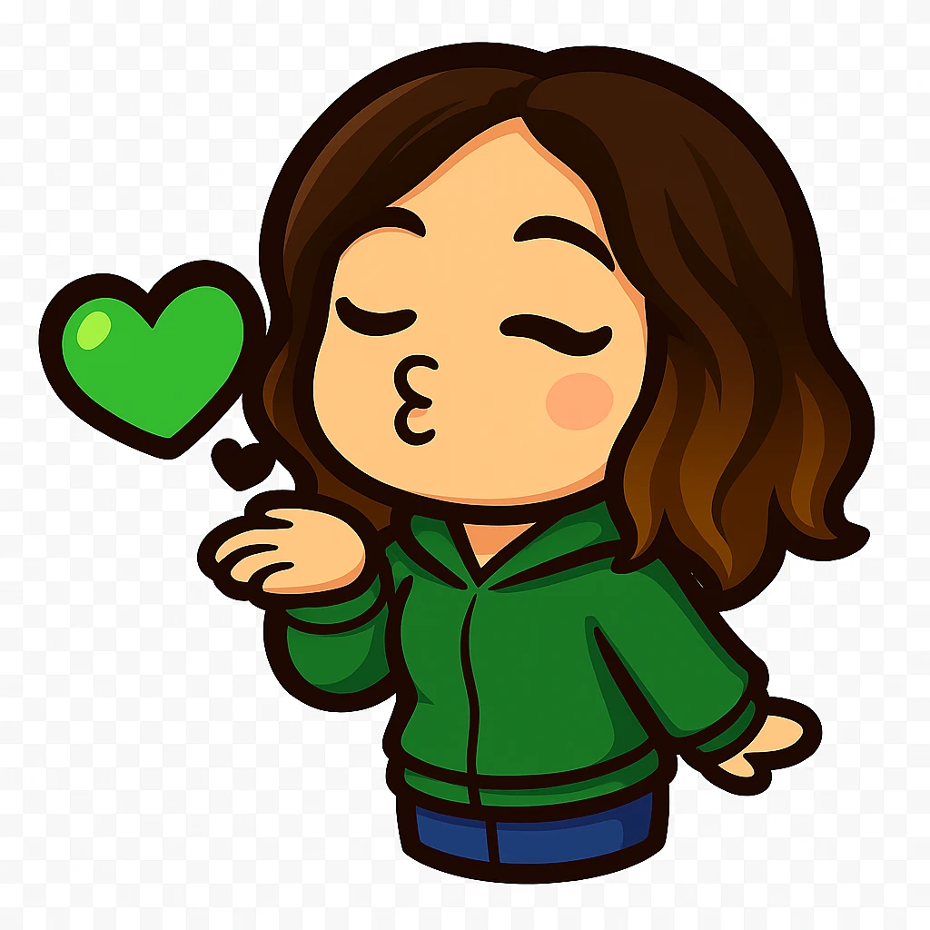 Create a chibi emote of a woman from the reference wearing a green sweater and jeans, blowing a kiss, no headband, no wand, matching the attached green heart emote as a base, transparent background emoji