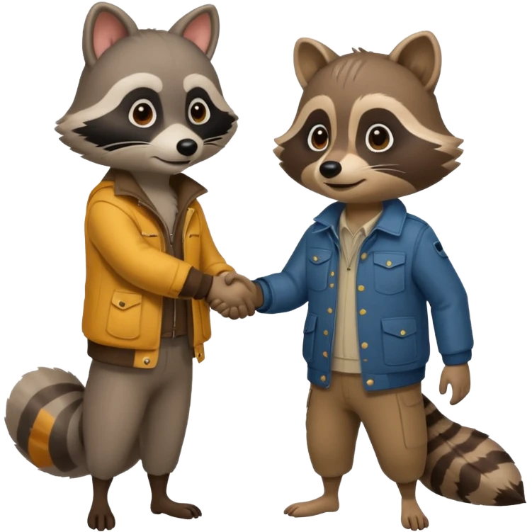 person and racoon standing full body looking at each other and giving a hand shake. cartoon style emoji