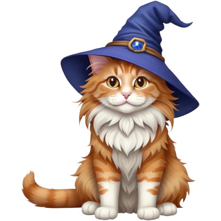 full body Maine coon ginger tabby cat flopped over on her back wearing an indigo witch hat emoji