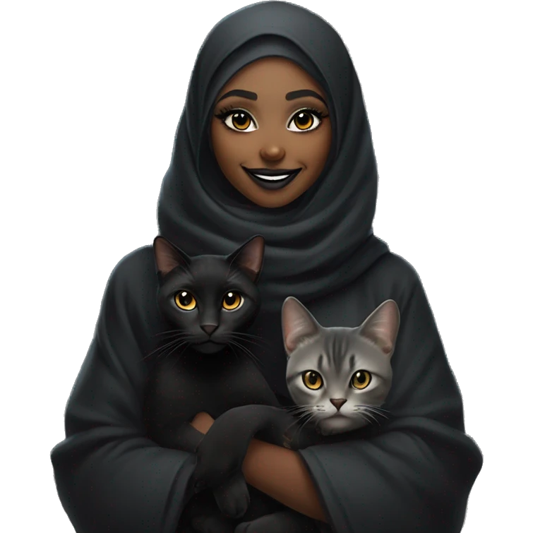 A black girl emoji with a smiley expression, wearing gothic-style makeup, a septum piercing, a silver lip ring, a black hijab, and a black fur coat. She is smiling warmly, with a small black cat sitting or standing beside her. emoji