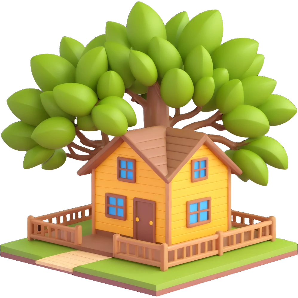 A simple light brown wooden house from a barrio with a mango tree in the background emoji