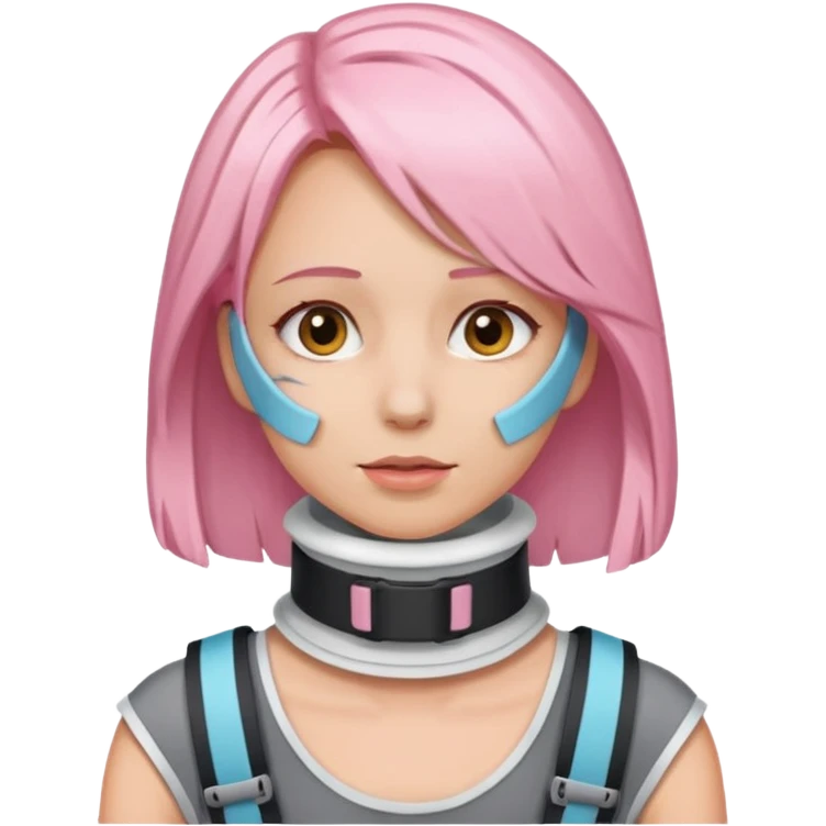 Woman with light pink shoulder length hair and neck brace emoji