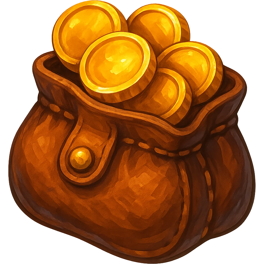 В cлегка рисованной, но при этом объемной и яркой стилистике сгенерируй картинку кожаного кошелька, из которого торчат золотые монеты. Они должны выглядеть не как пластмассовые, а как настоящее золото. Прозрачный фон emoji