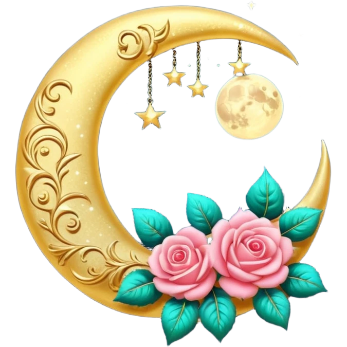 Romantic shiny sparkly glossy glittery vintage crescent damask moon with roses emoji