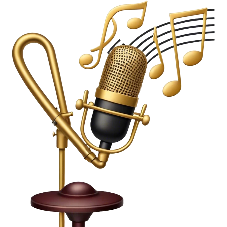Create a sophisticated and smooth emoji representing jazz vocal performance. The design should feature a stylized microphone, with musical notes swirling around it to convey the fluid, improvisational nature of jazz. Add subtle elements like a vintage microphone stand or a hint of a singer’s silhouette in the background to reflect the live, intimate feel of jazz performance. Use deep, rich colors like gold, black, and burgundy to evoke the classic, smooth vibes of jazz. The background should be transparent. emoji