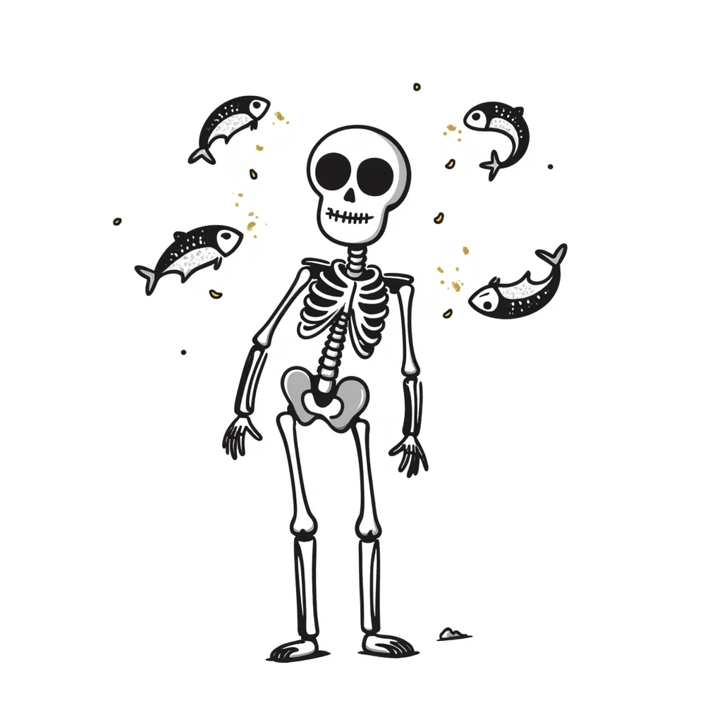 Ethereal skeleton in firm posture with floating sardines, bright yogurt, and golden sesame seeds around it, white light threads connecting the foods to the bones emoji