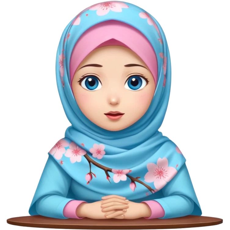 Turkish beautiful finish Konya girl blue eyes with cherry blossom floral pink and baby blue hijab islamic dress and with yummy Drooling face on the table emoji