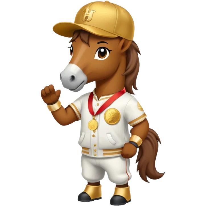 friendly anthropomorphised horse in a hip-hop outfit, wearing a gold medal and a baseball hat emoji
