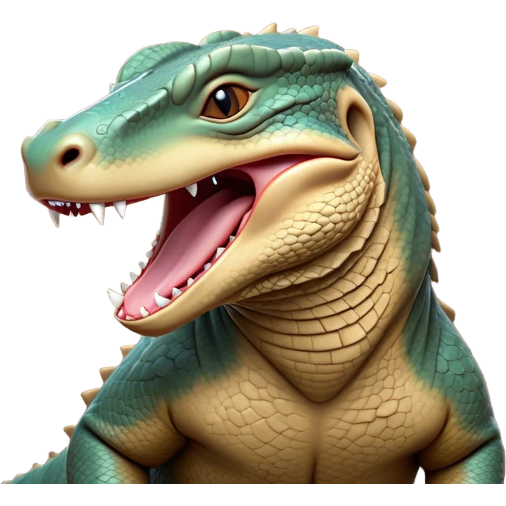 Cinematic Realistic Cute Yawning Komodo Dragon Portrait Emoji, Head tilted slightly with a dramatic, wide-open yawn, showcasing a soft, rugged scaled hide with subtly drooping features and half-closed, drowsy eyes rendered in authentic detail, high shine, relaxed yet expressive, styled with a dash of natural desert charm, soft glowing outline, capturing the essence of a sleepy yet affectionate Komodo dragon that appears ready to stretch out for a deep, restful nap! emoji