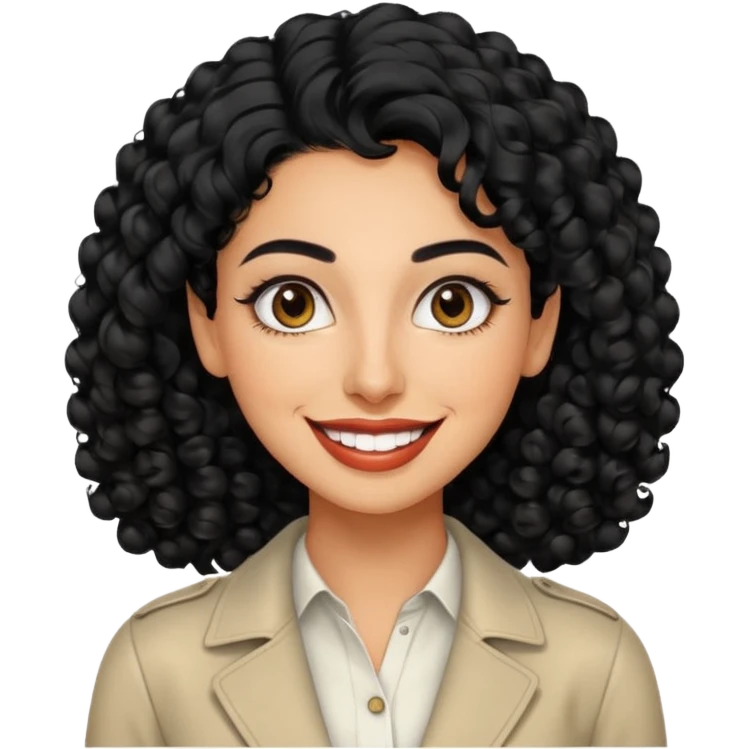 30 year old iranian woman very short curly black hair, big brown eyes, tanned skin, big smile, white teeth, pretty, stylish emoji