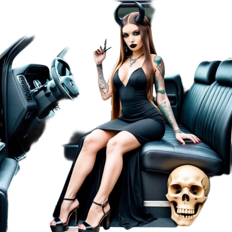 Sensual queen long brown straight haired mafia woman with black shiny platform high heels on her feet, black devil horns on her head, tattoos on arms , holding a human head skull. in the back seat of a large big new model F350 pickup truck full of cash wearing long sex dress with big butt emoji